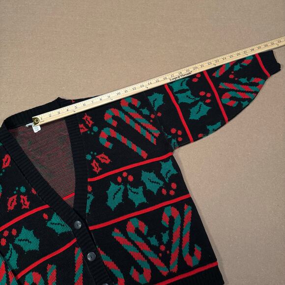 Vintage Christmas Candy Cane Holly Knit Cardigan Sweater Black Red Green XL - Picture 8 of 8